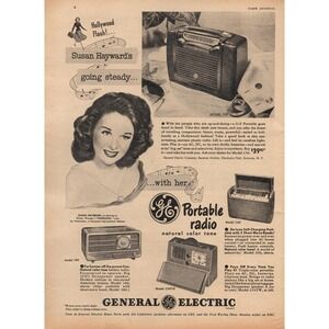 1948 Susan Hayward Vintage Print Ad Hollywood Actress Retro GE Portable Radio